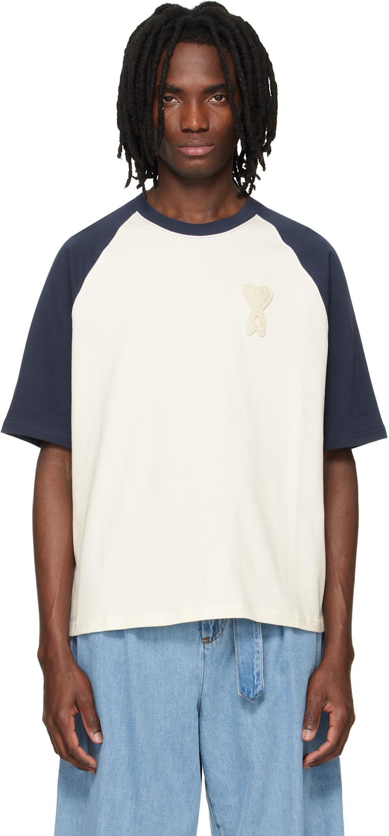 White & Blue Cotton Ami de Coeur Knitted Patch T-shirt by AMI