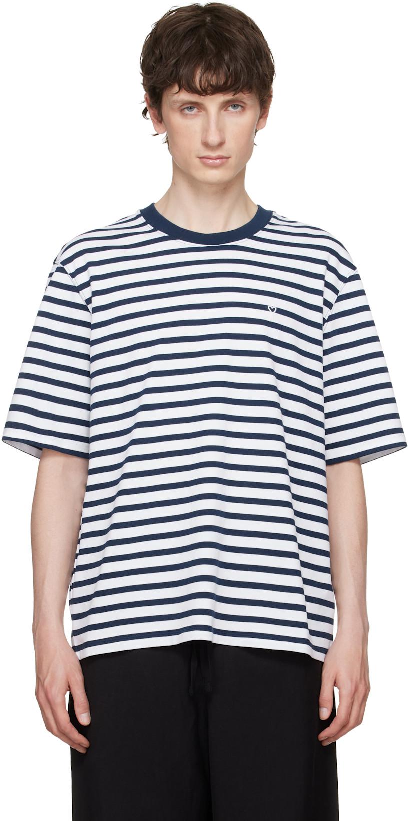 White & Navy Boxy Mariniere 'Ami de Coeur' T-shirt by AMI
