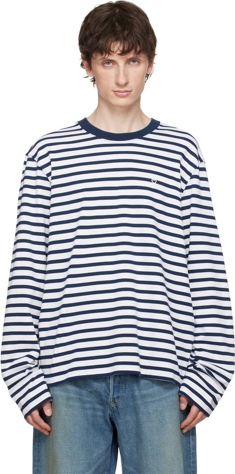 White & Navy Mariniere 'Ami de Coeur' T-shirt by AMI