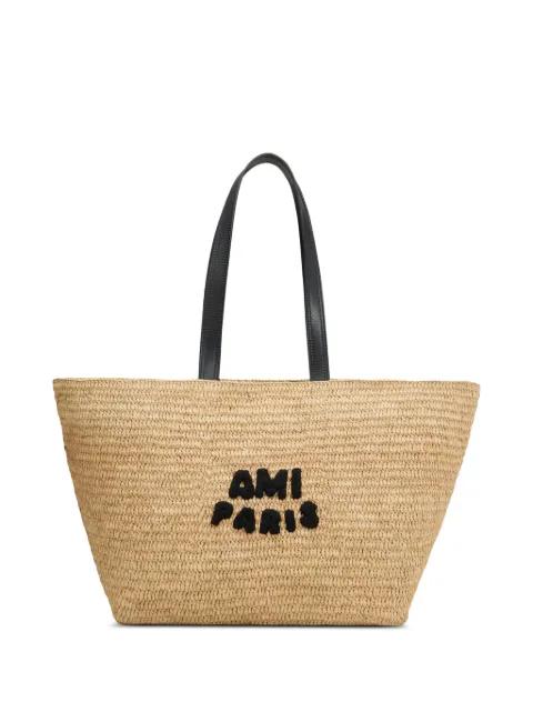 logo-patch raffia tote bag by AMI