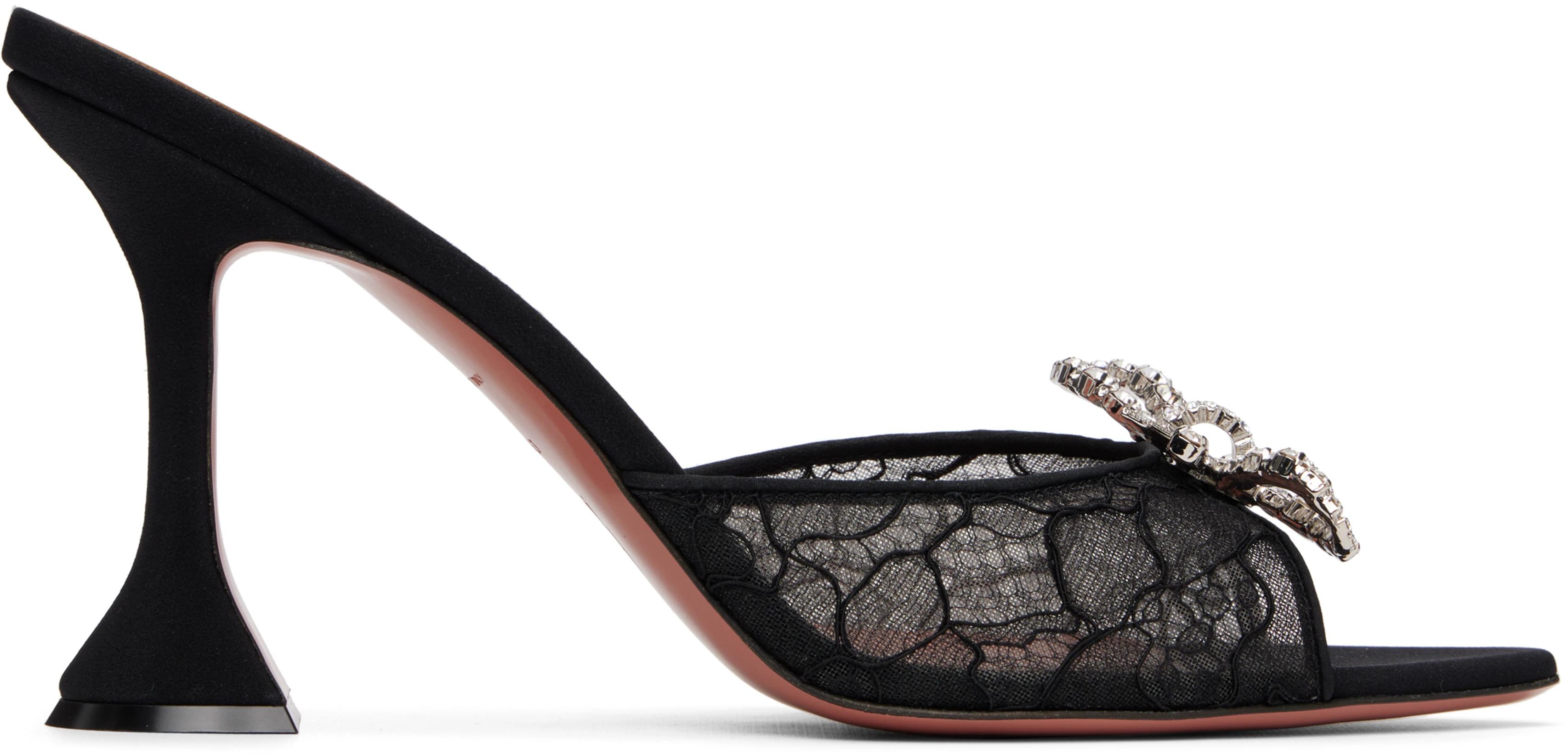 Black Rosie Lace Slipper 95 Heeled Sandals by AMINA MUADDI