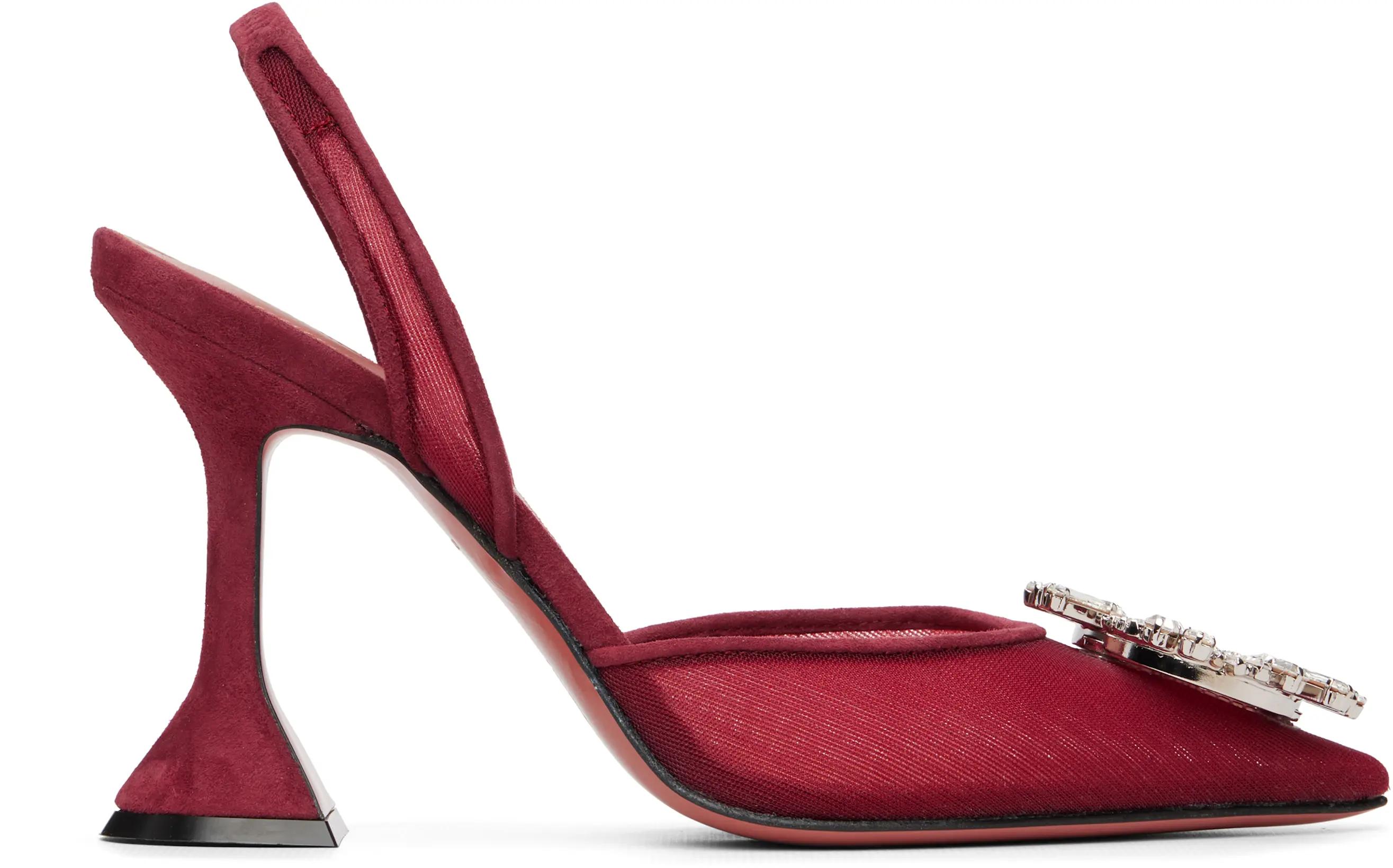 Burgundy Begum Mesh 95 Sling Heels by AMINA MUADDI