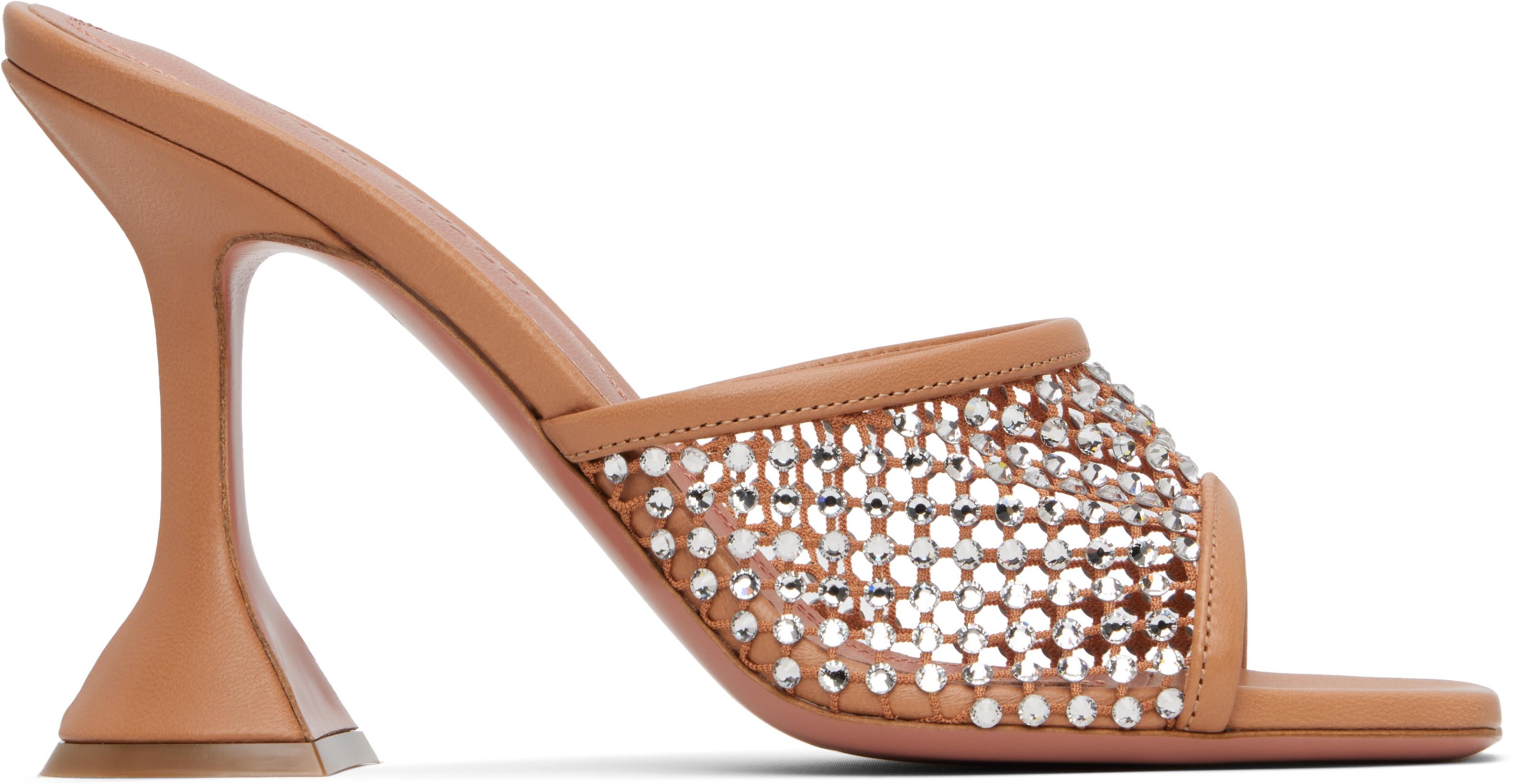 Tan Lupita Crystal Net Slipper Heeled Sandals by AMINA MUADDI
