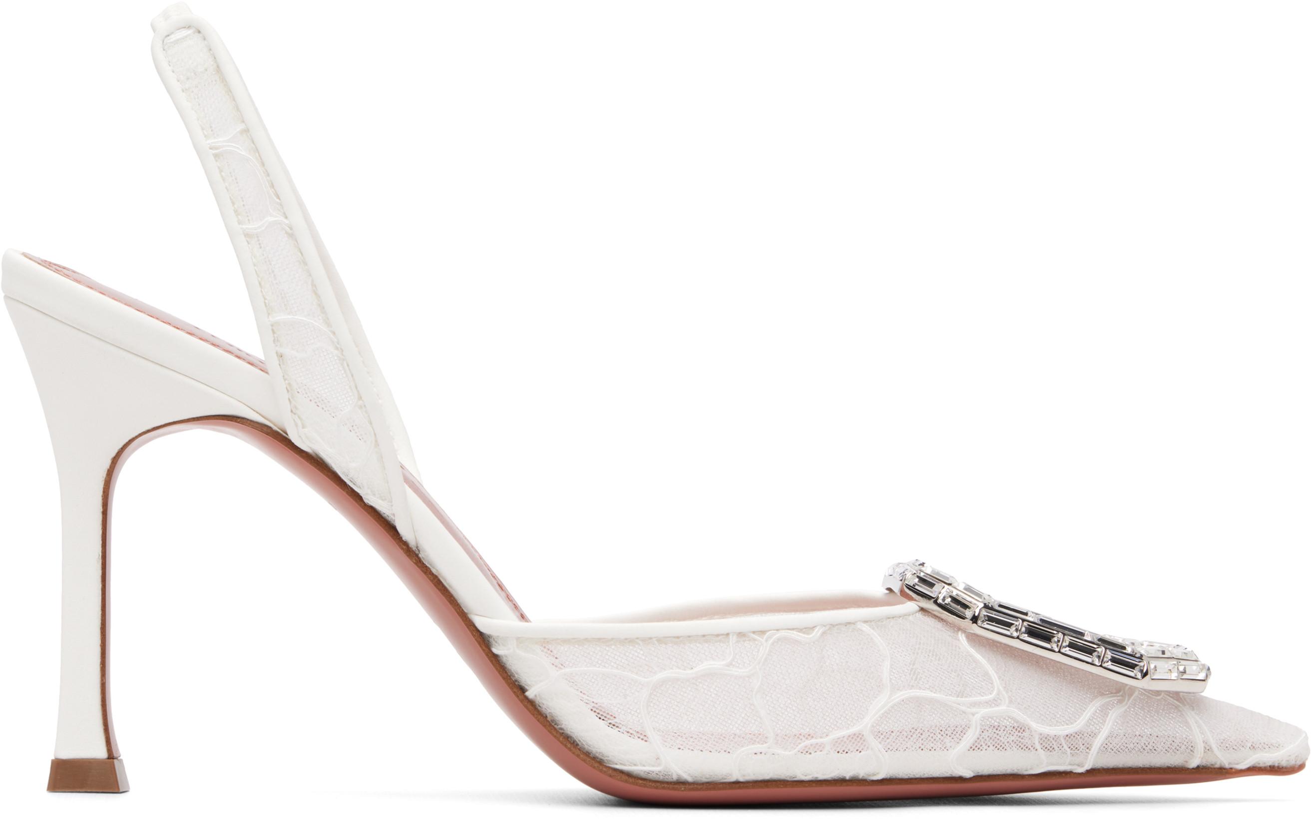 White Camelia Lace Sling 90 Heels by AMINA MUADDI