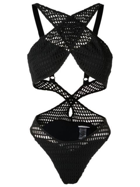 open-knit crossover-straps one-piece by AMIR SLAMA