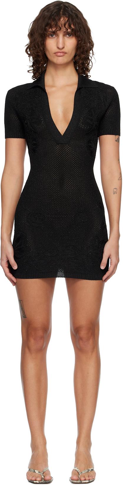 Black Floral Crochet Polo Minidress by AMIRI