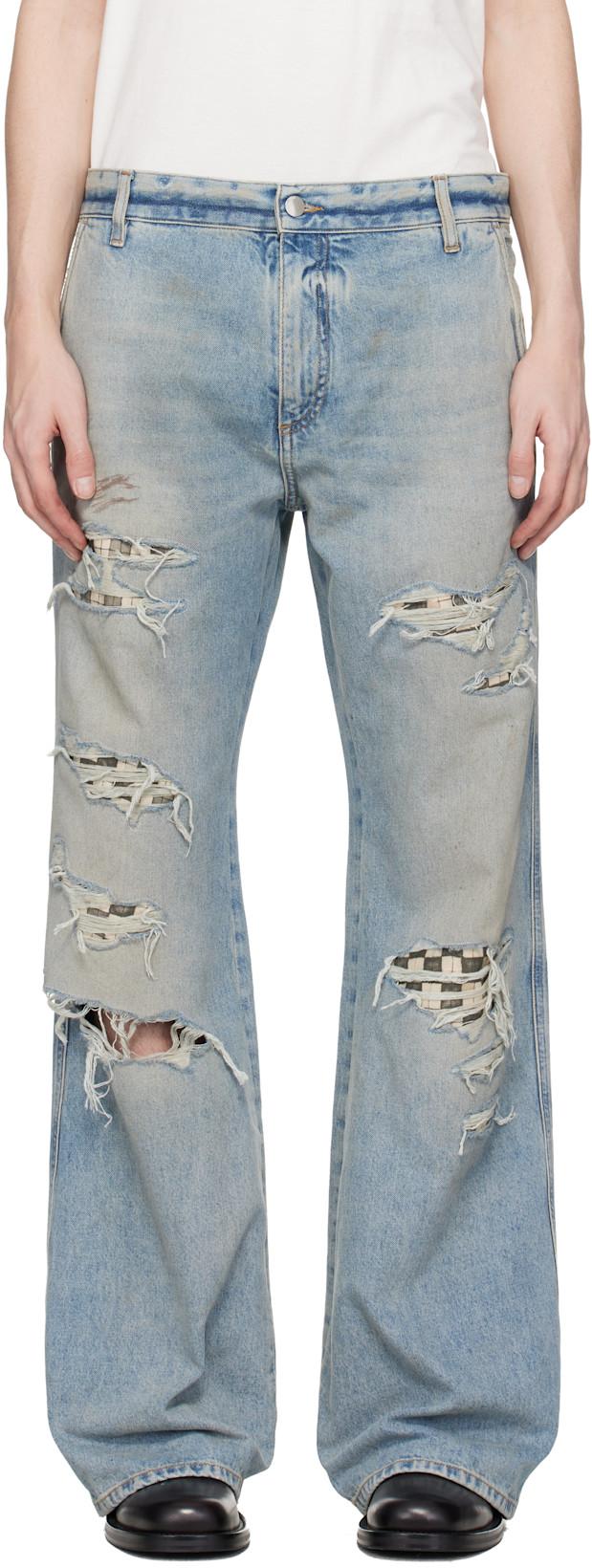 Blue Checkered Repair Bootcut Jeans by AMIRI