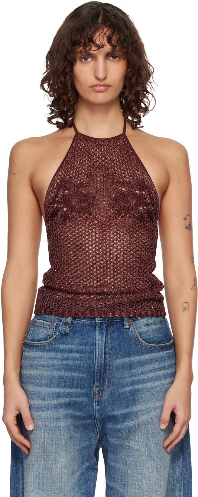 Burgundy Floral Crochet Open Back Tank Top by AMIRI