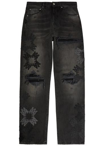 Distressed logo-appliquéd straight-leg jeans by AMIRI