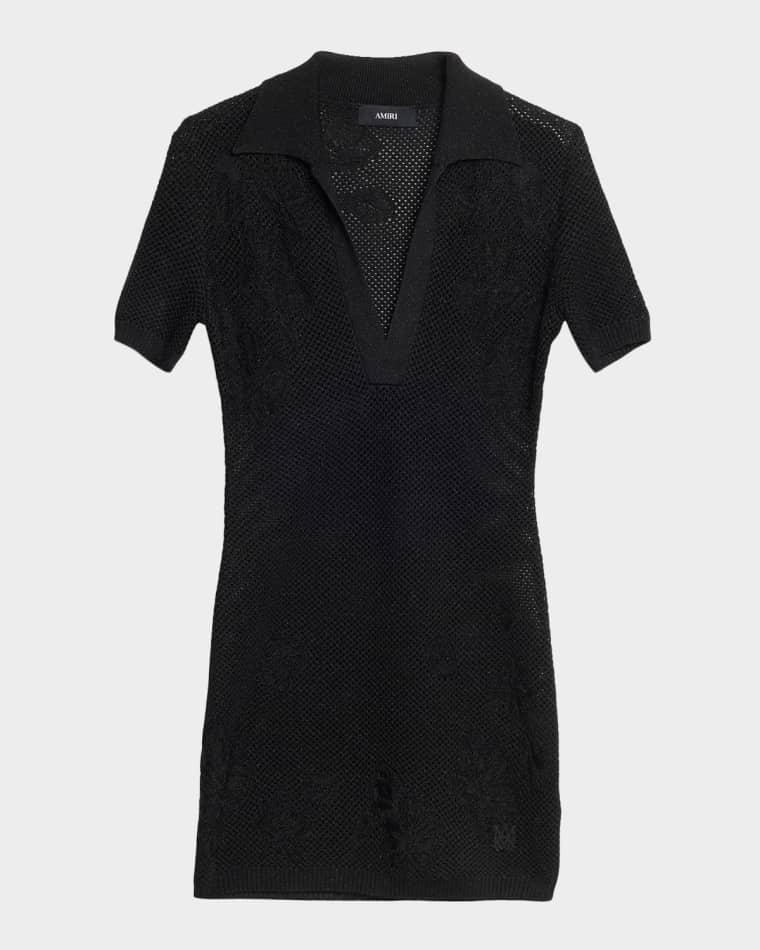 Metallic Floral Crochet Short-Sleeve Mini Polo Dress by AMIRI