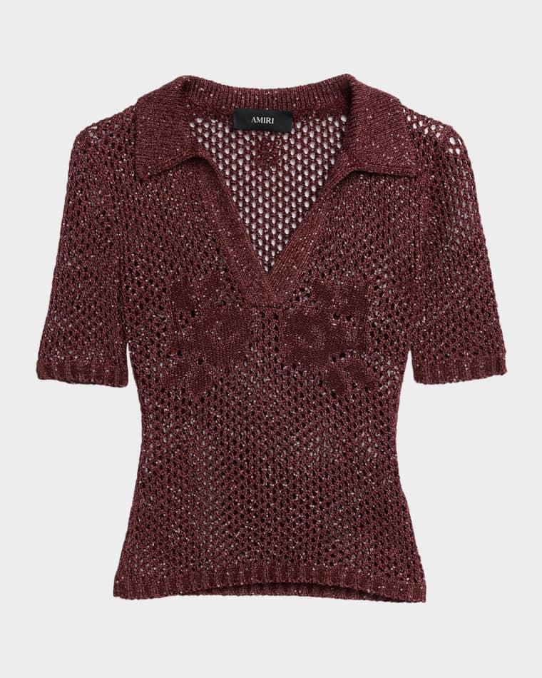 Metallic Floral Crochet Short-Sleeve Polo Top by AMIRI