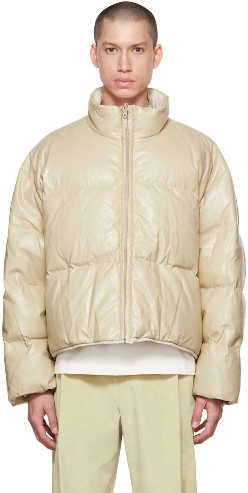 Beige Grained Faux-Leather Down Jacket by AMOMENTO