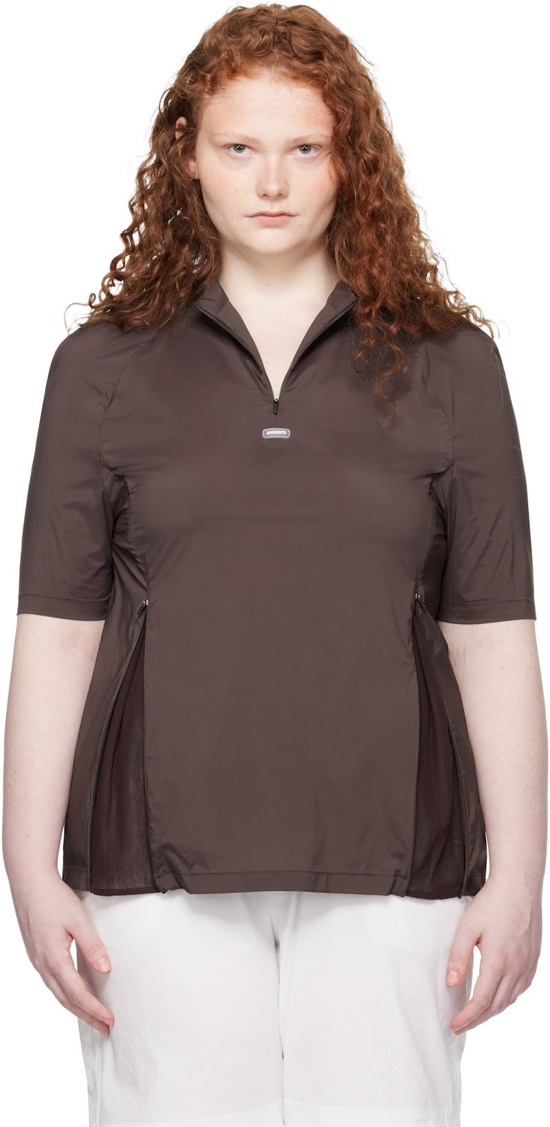 Brown Mock Neck Half Zip T-shirt by AMOMENTO