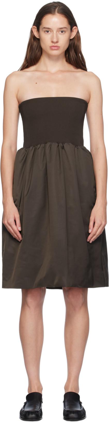Brown Shirring Flare Midi Skirt by AMOMENTO