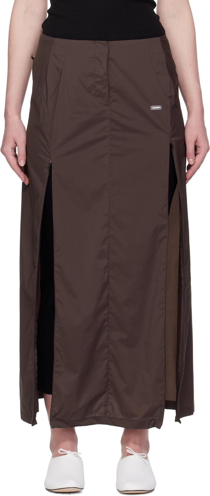 Brown Side Vent Long Maxi Skirt by AMOMENTO