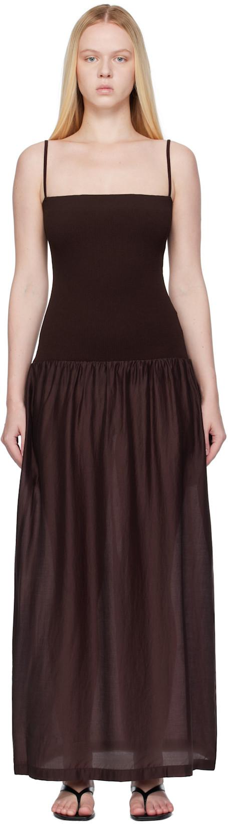 Burgundy Silky Knit Maxi Dress by AMOMENTO