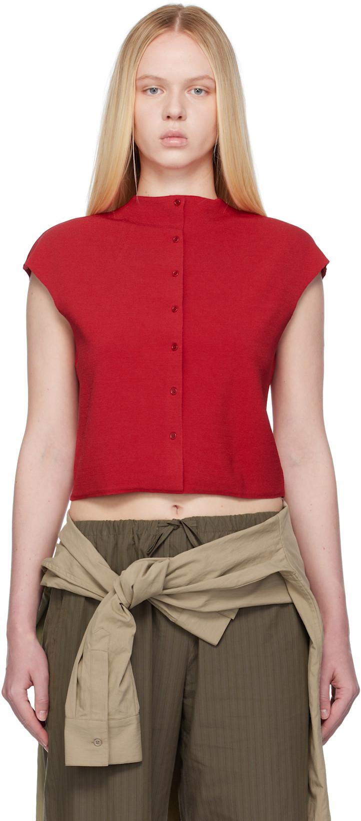 Red Wholegarment Cap Sleeve Cardigan Vest by AMOMENTO