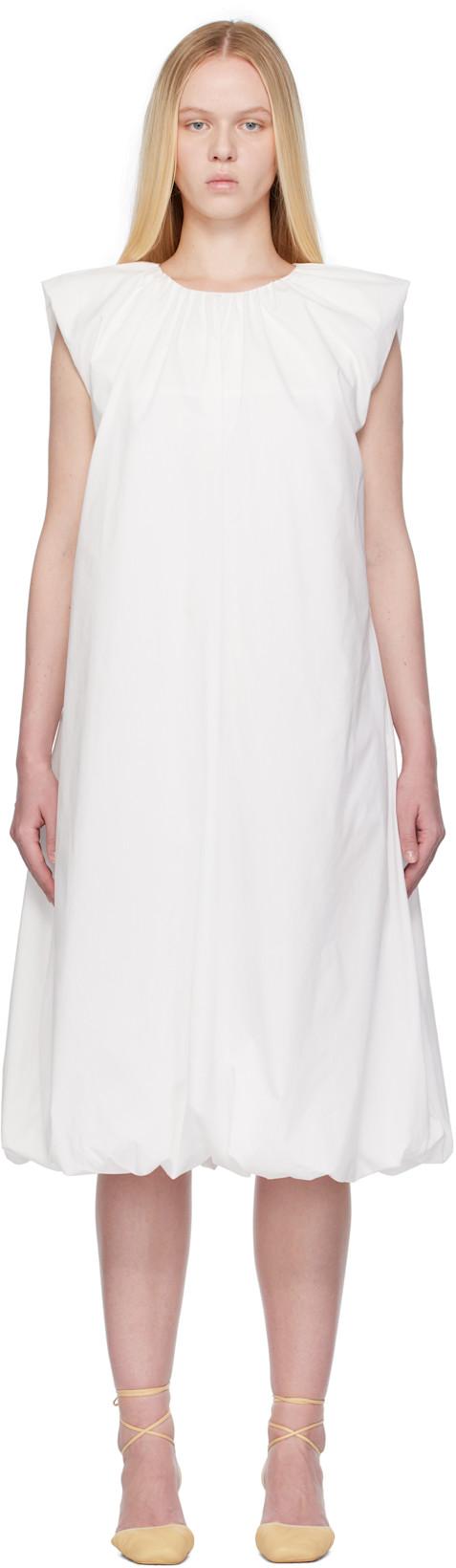 White Cotton Volume Shirring Minidress by AMOMENTO