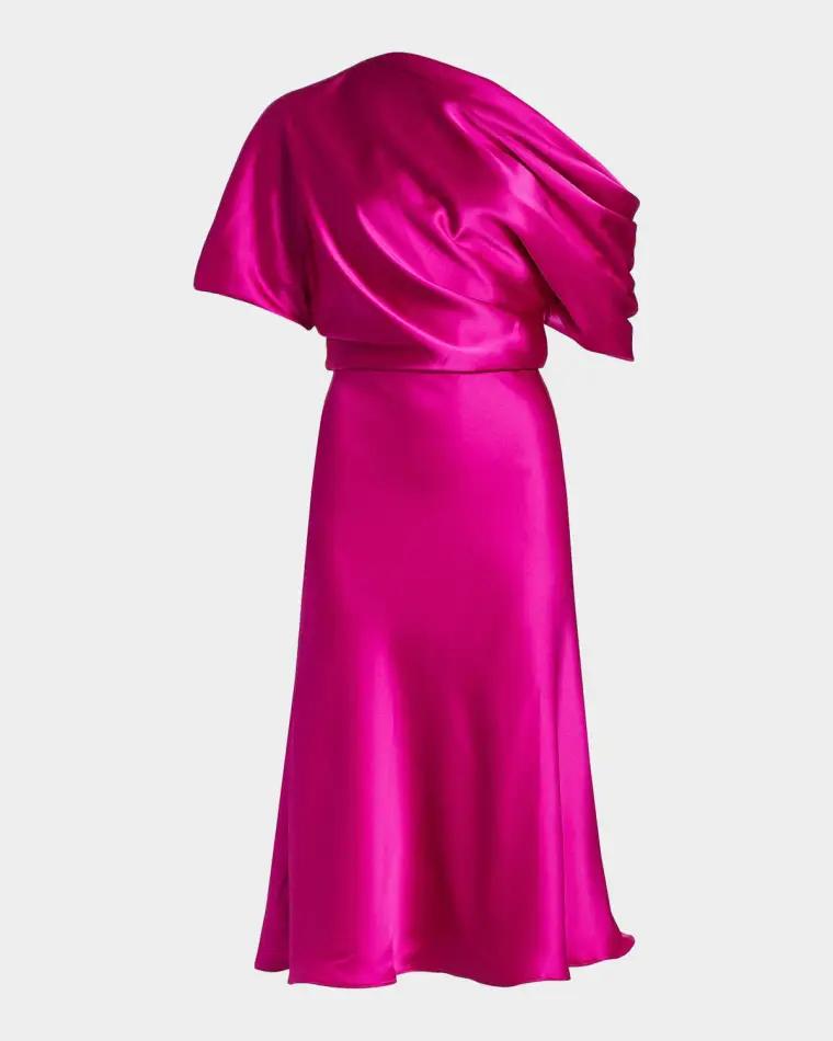 Draped Satin One-Shoulder Midi Dress by AMSALE