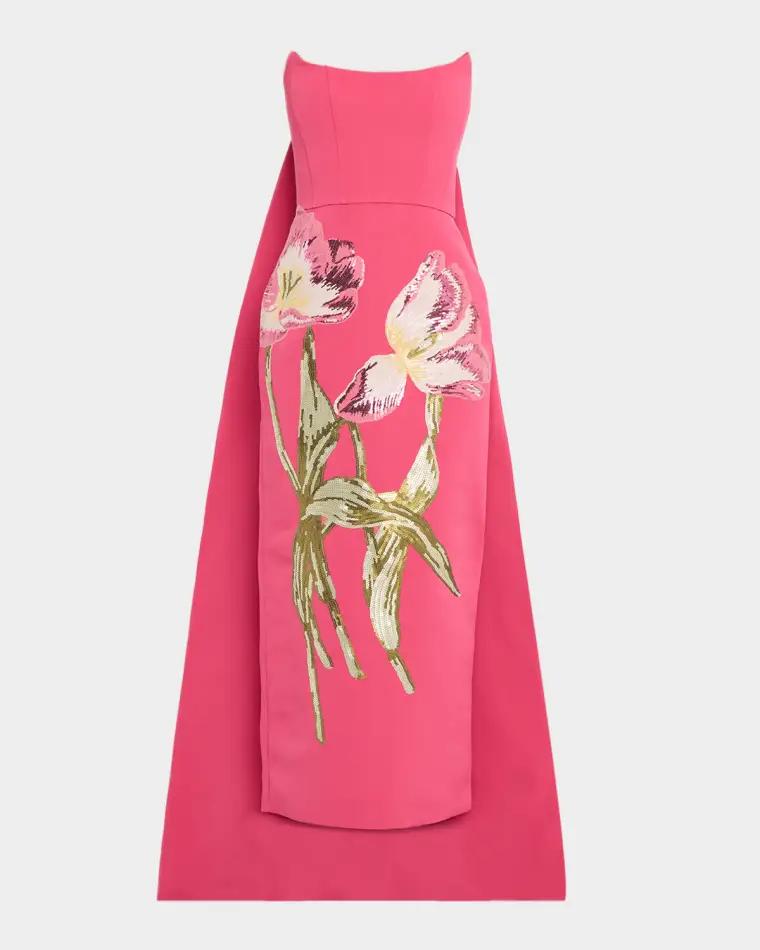 Strapless Sequined Floral Cape Column Gown by AMSALE