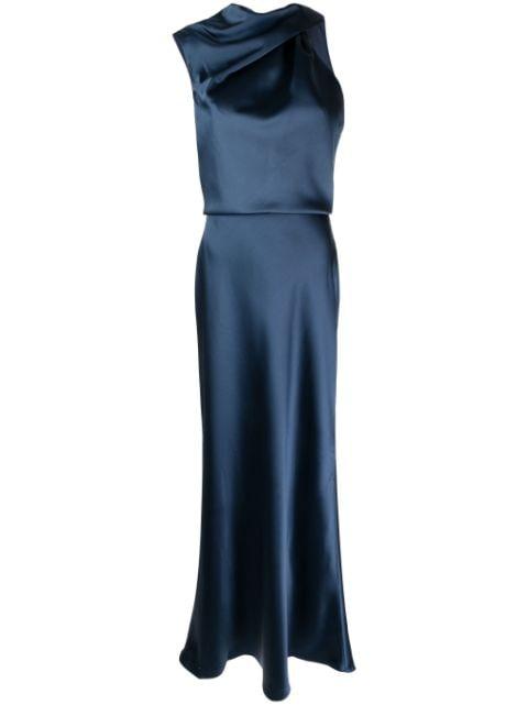 asymmetric draped satin gown by AMSALE