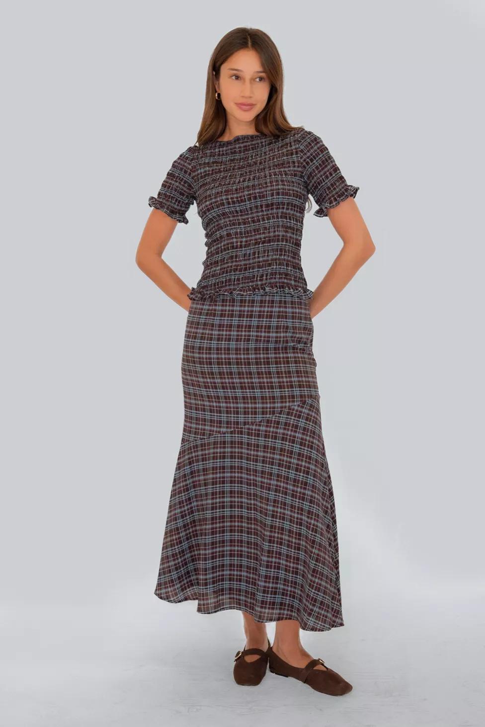Amy Lynn Alma Heritage Check Chiffon Asymmetric Maxi Skirt by AMY LYNN