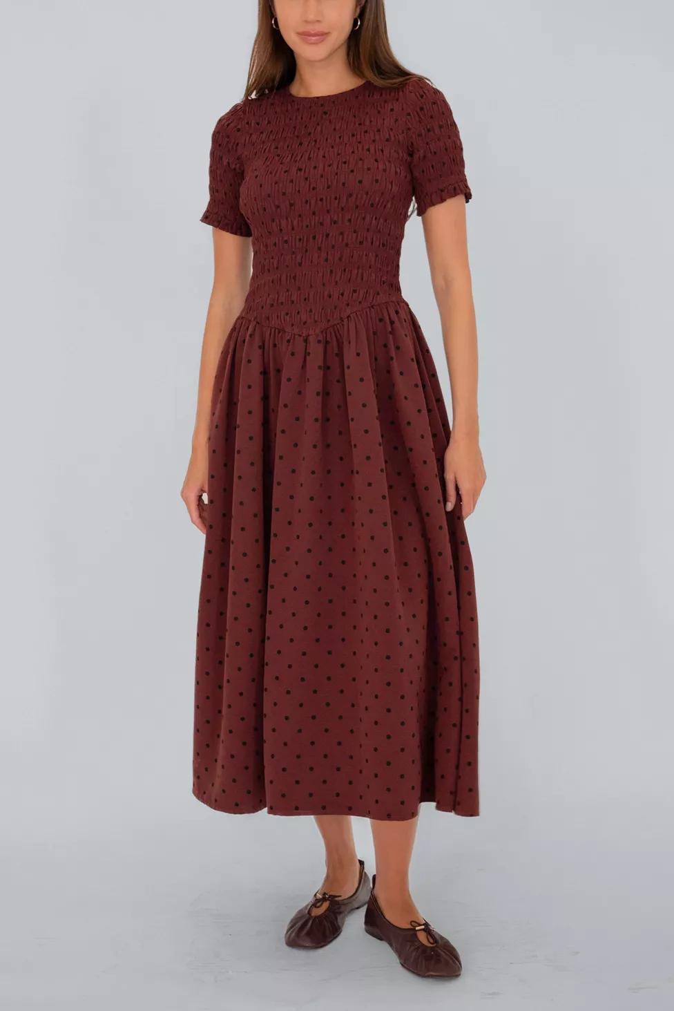 Amy Lynn Beatrix Smocked Plum Polka Dot Midi Dress by AMY LYNN
