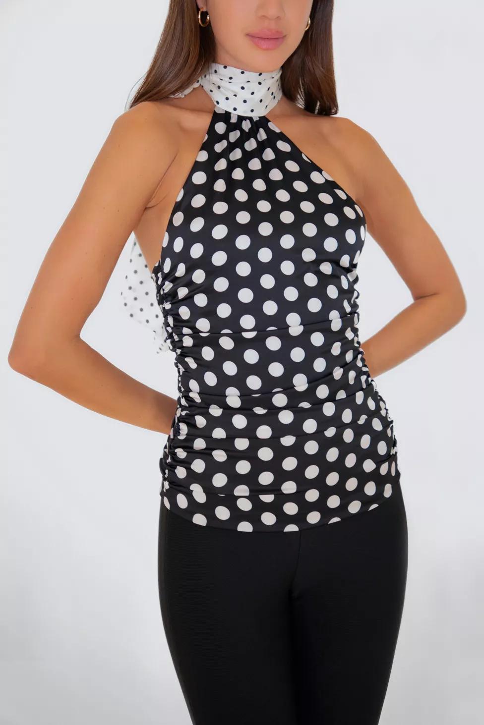Amy Lynn Sophie Contrast Mono Polka Dot Scarf Neck Top by AMY LYNN