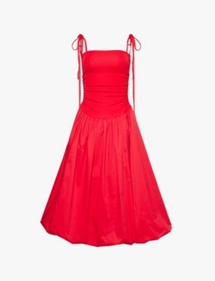 Ruched-side strapless puffball cotton midi dress by AMY LYNN