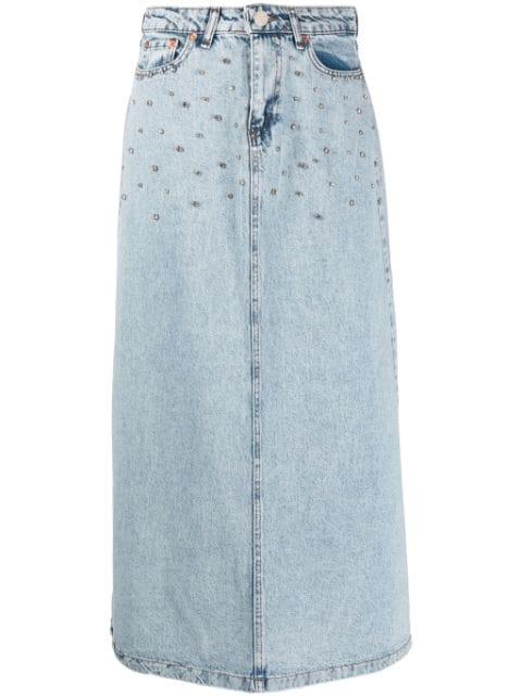 crystal-embellished washed denim midi skirt by ANA RADU
