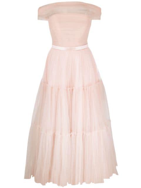 off-shoulder fluted maxi dress by ANA RADU