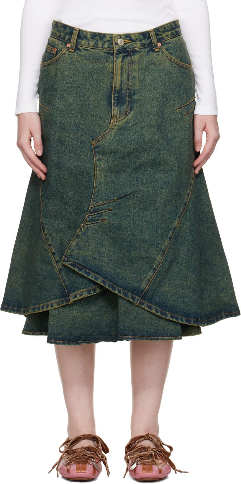 Blue Custom Flare Layered Denim Midi Skirt by ANDERSSON BELL