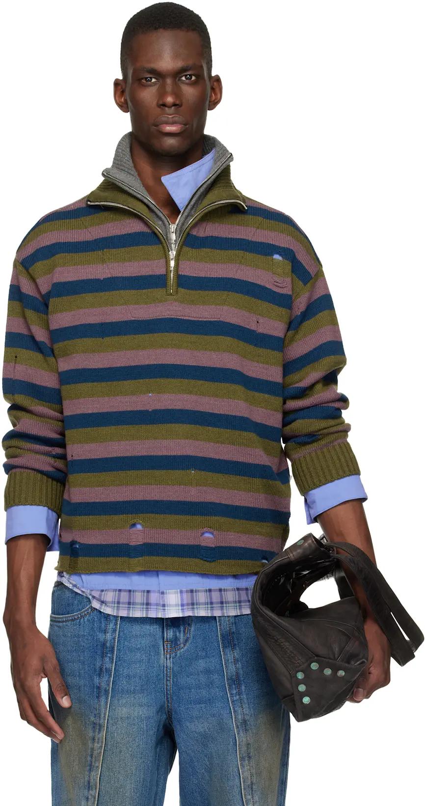Blue & Gray Double Layered Stripe Half Zip-Up Sweater by ANDERSSON BELL
