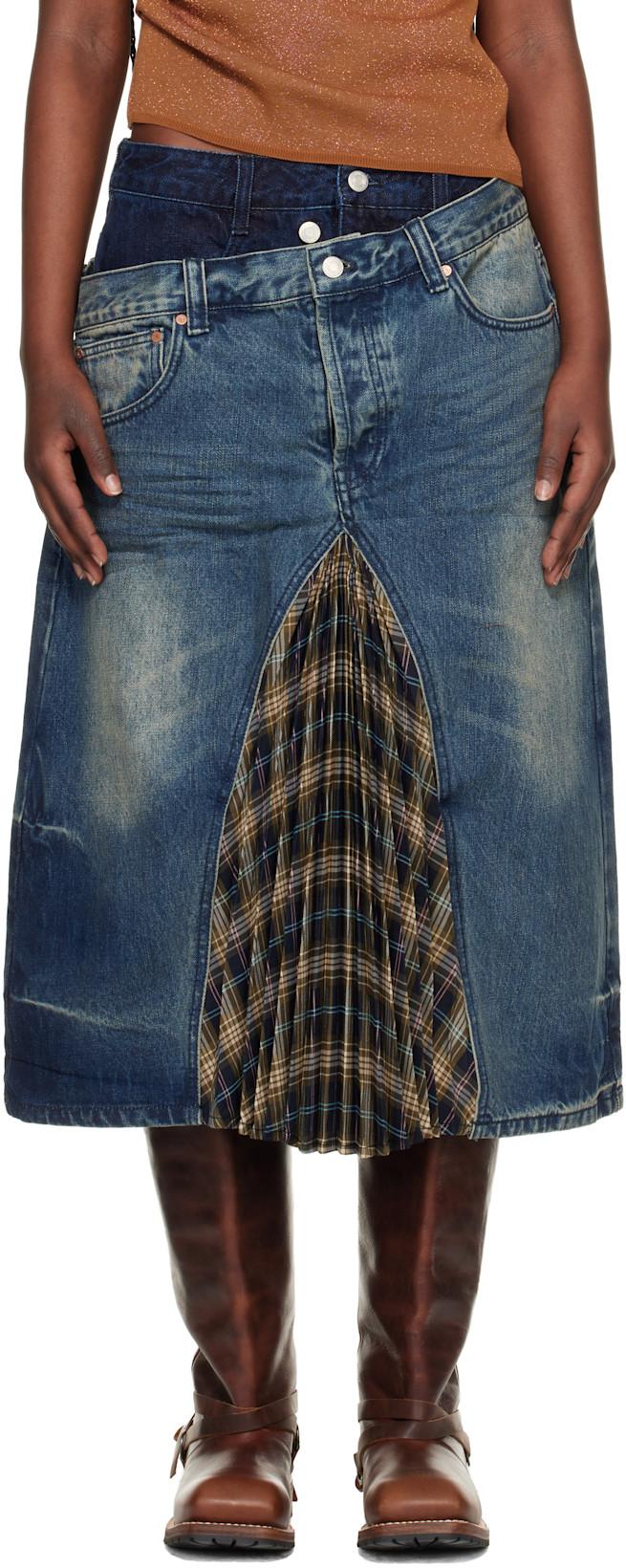 Blue & Khaki Pleats Combo Flipped Denim Midi Skirt by ANDERSSON BELL