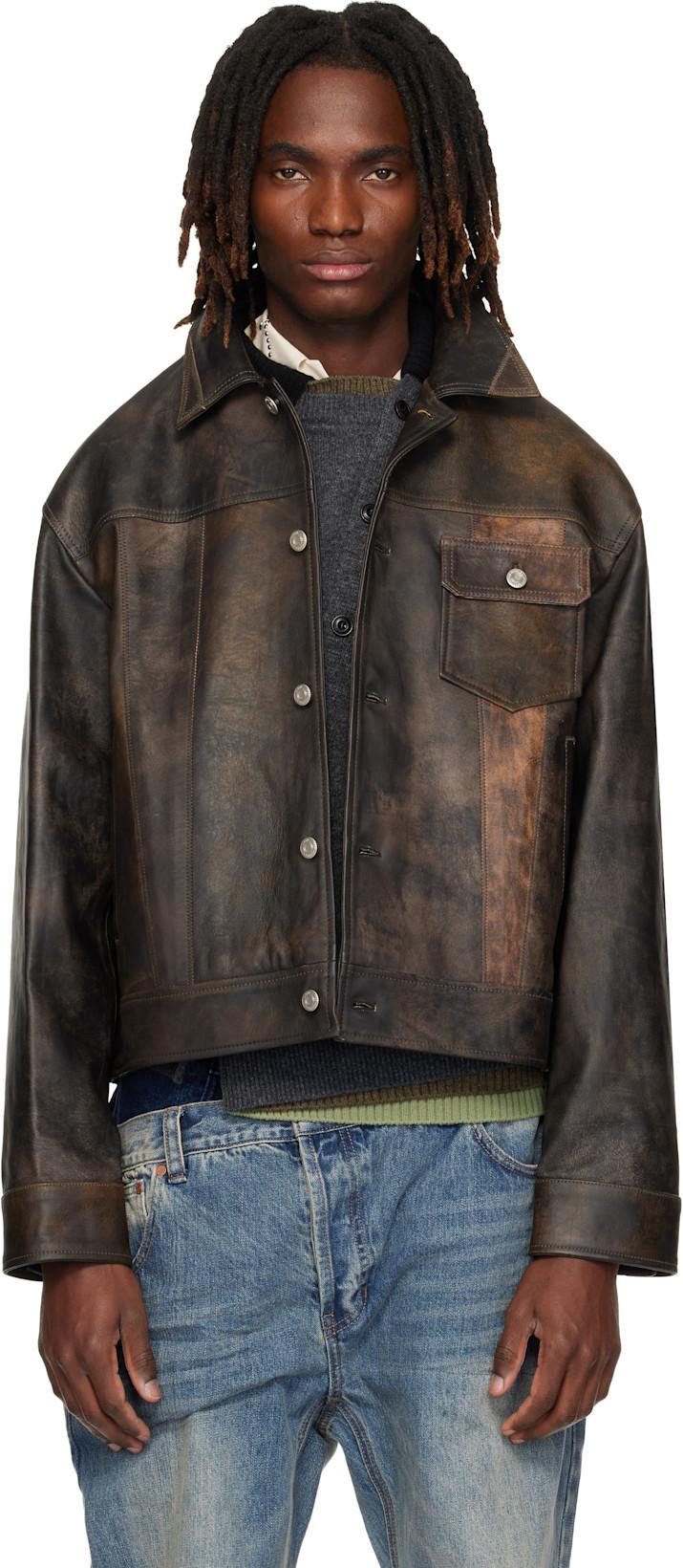 Brown Leather Patchwork Trucker Jacket by ANDERSSON BELL