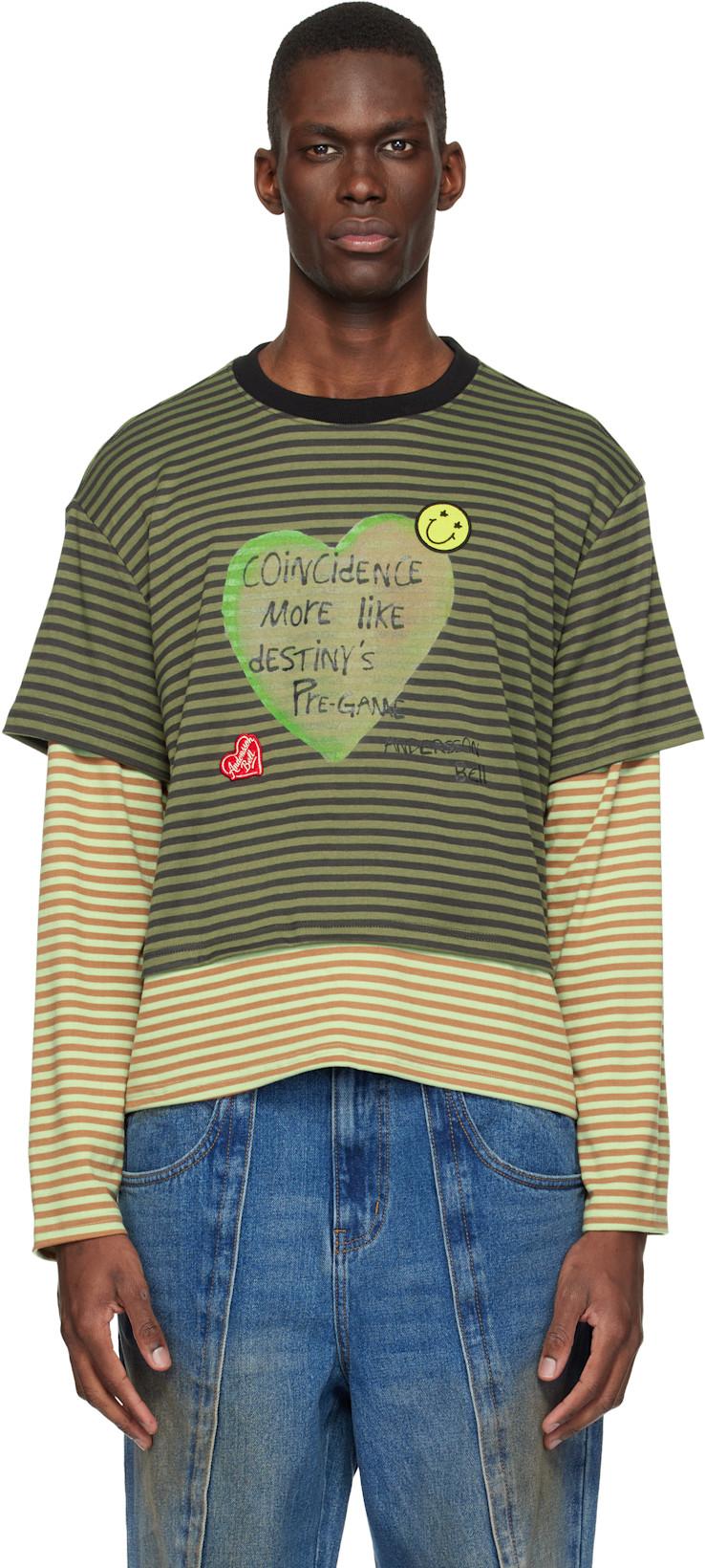 Khaki Essential Heart Message Stripe Layered LS T-shirt by ANDERSSON BELL