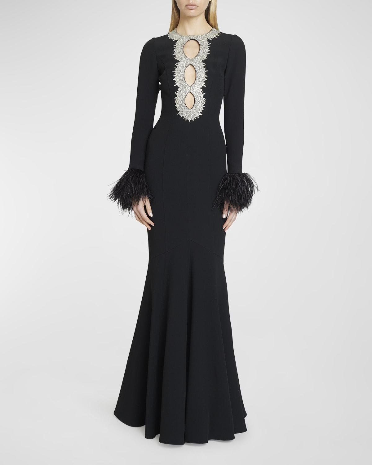 Crystal-Keyhole Long-Sleeve Feather-Trim Woven Gown by ANDREW GN