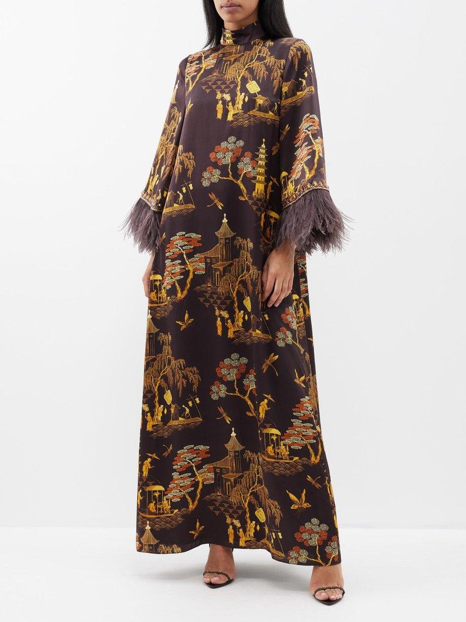 Feather and crystal-trim printed silk gown by ANDREW GN