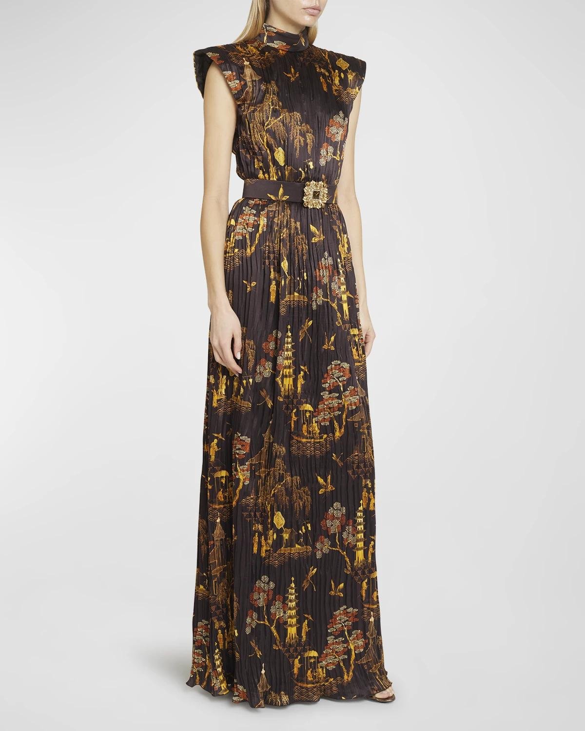 Toile-Print Strong-Shoulder Belted Plisse Silk Gown by ANDREW GN
