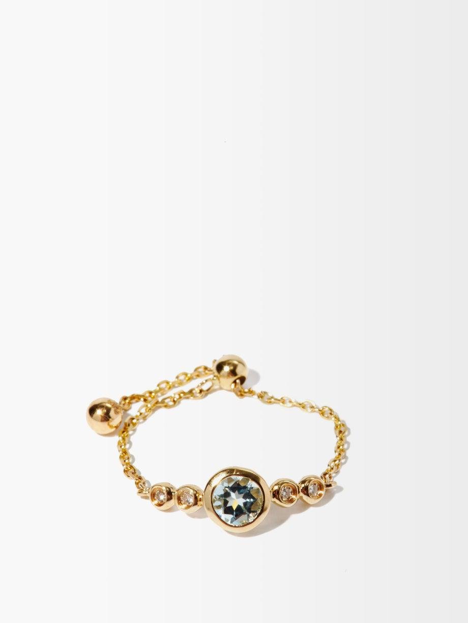 March diamond, aquamarine & 14kt gold chain ring by ANISSA KERMICHE