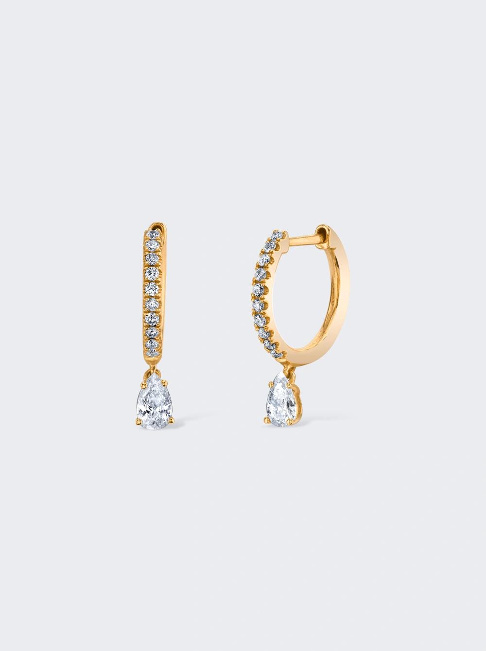 Diamond Huggie Earrings With Pear Diamond Drop 18k Yellow Gold  | The Webster by ANITA KO