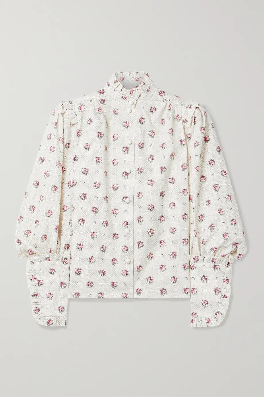 Deneuve ruffled embroidered cotton-twill blouse by ANNA MASON
