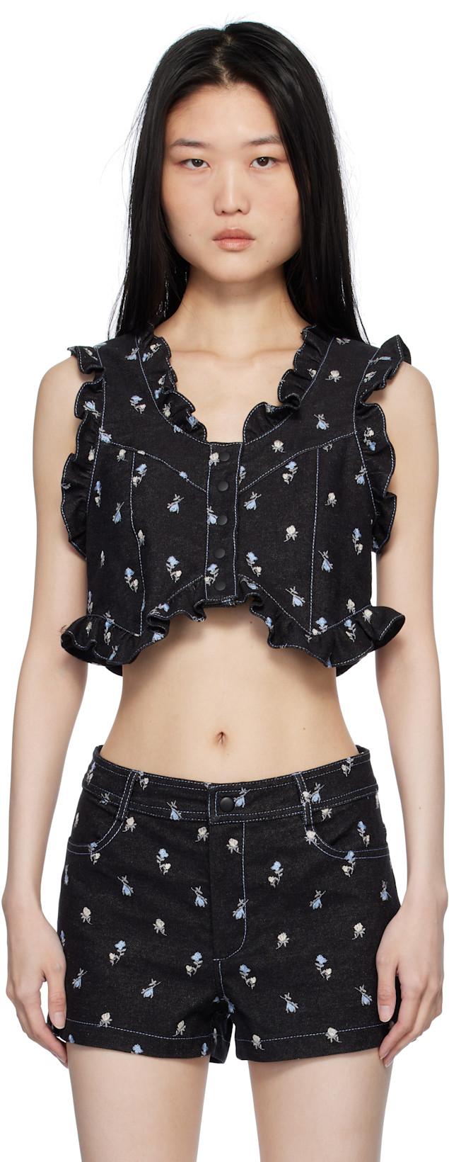 Black Embroidered Roses Cropped Denim Vest by ANNA SUI