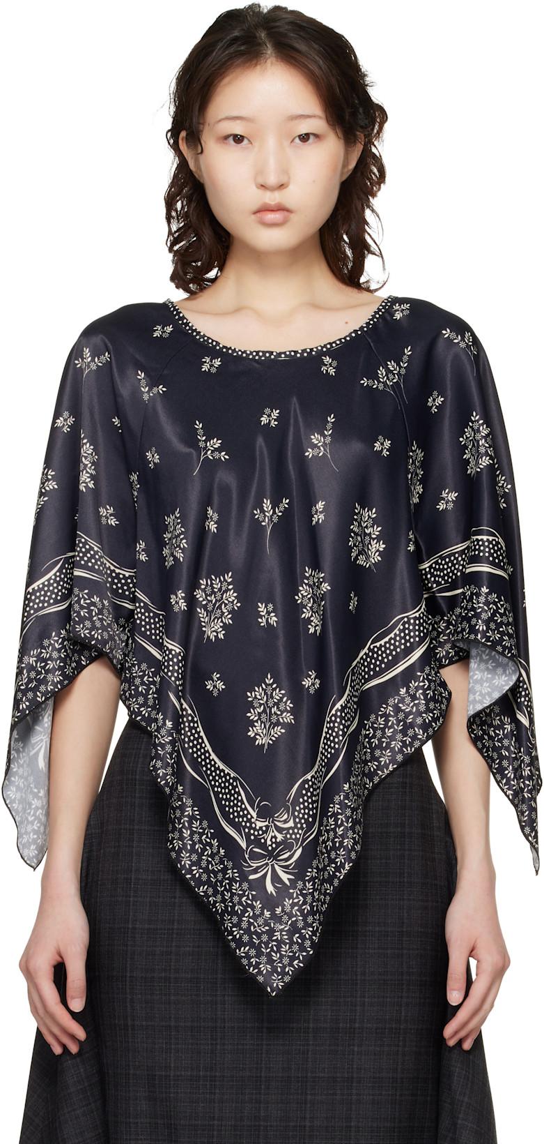 Black Ribbon Handkerchief Satin Print Poncho Blouse by ANNA SUI