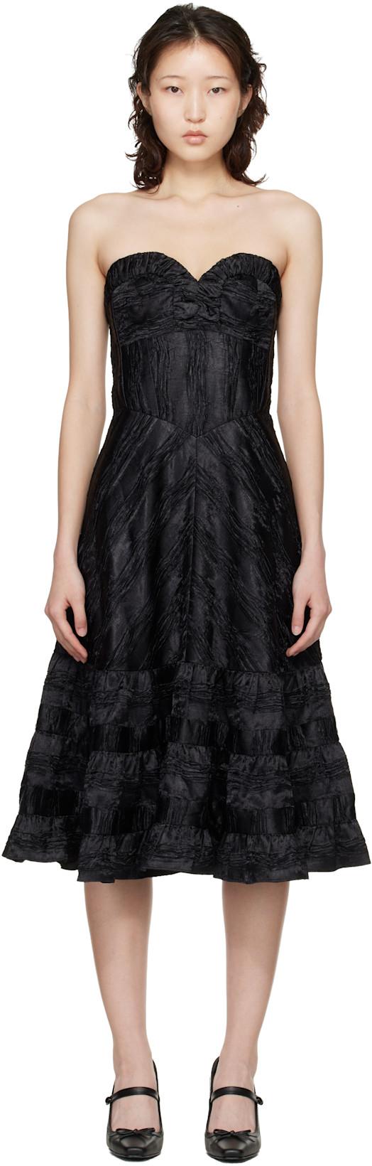Black Strapless Sweetheart Midi Dress by ANNA SUI