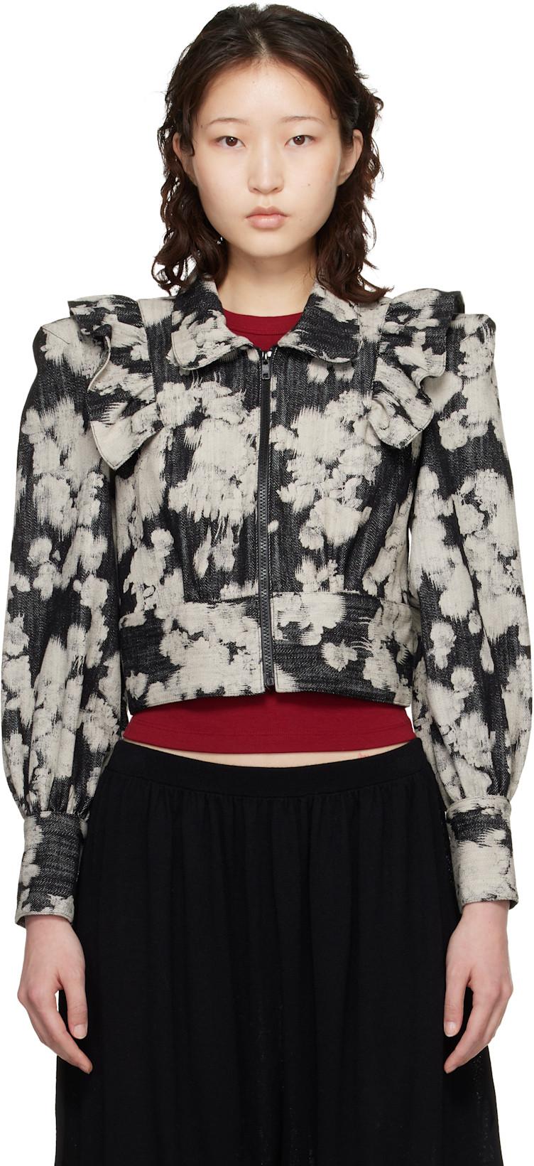 Black & Off-White Cropped Ruffle Jacket by ANNA SUI