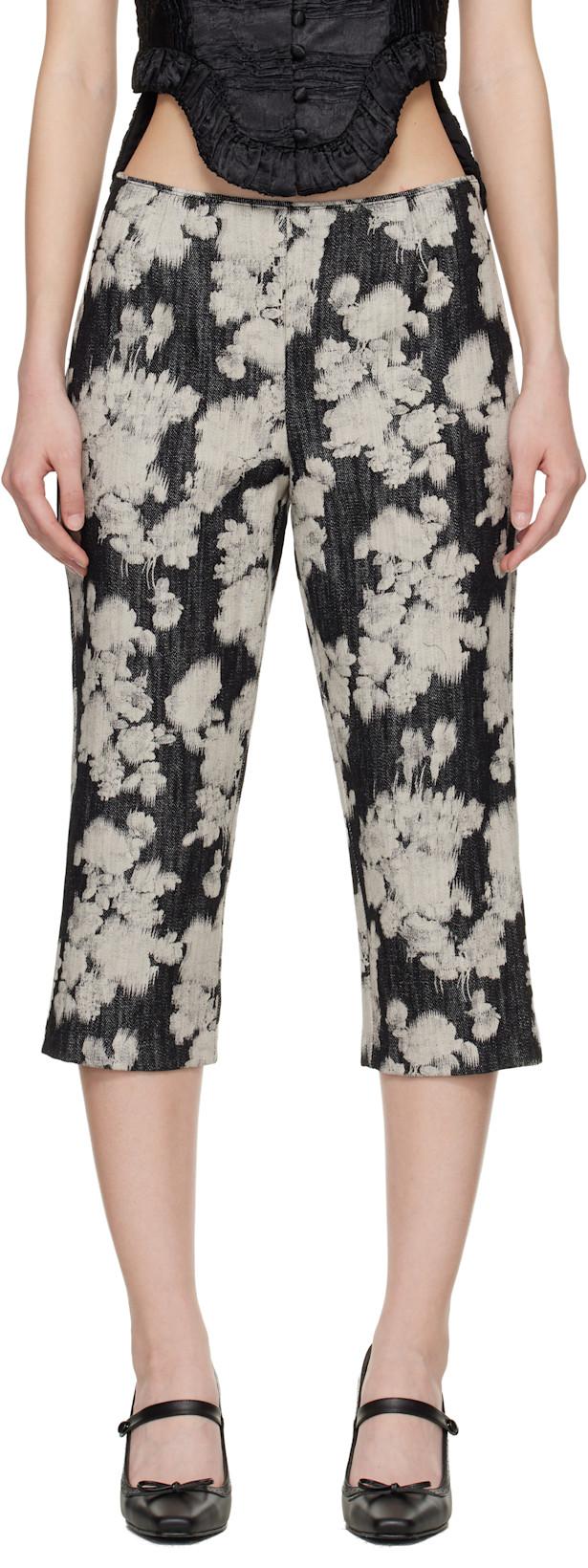Black & Off-White Rose Capri Trousers by ANNA SUI