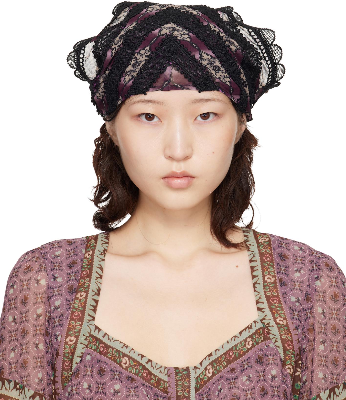 Black & Purple Cameo Stripe Print Headscarf by ANNA SUI