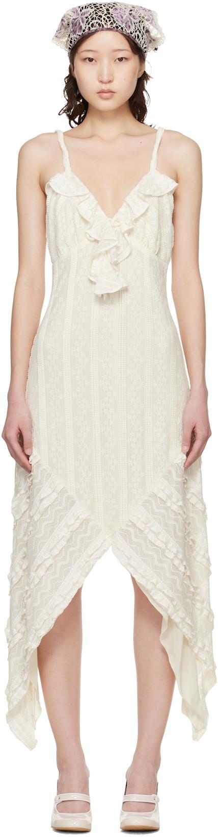 Off-White Floral Ruffle Stretch Lace Handkerchief Midi Dress by ANNA SUI