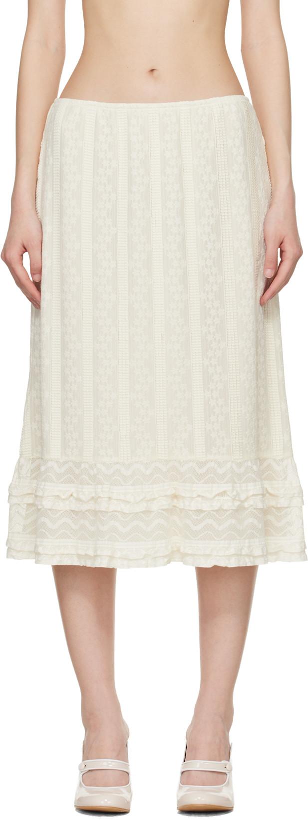 Off-White Floral Ruffle Stretch Lace Midi Skirt by ANNA SUI